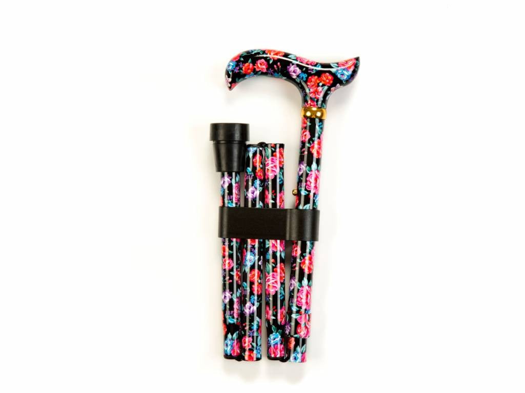 Folding Walking Stick - Blue and Red Flowers