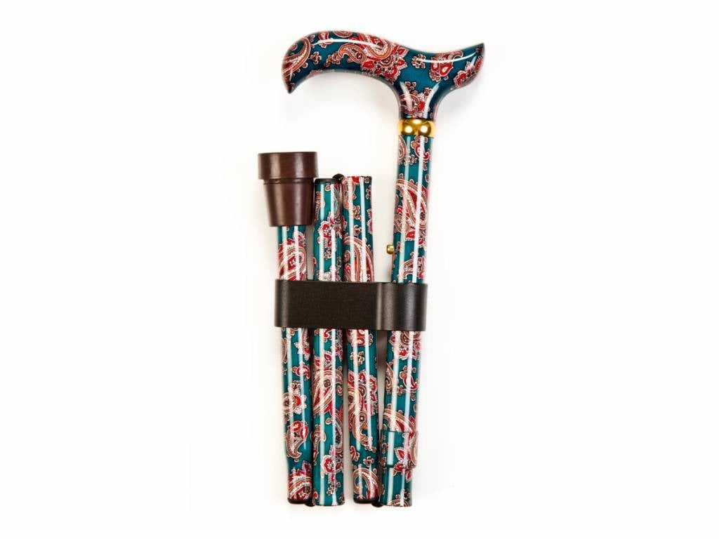 Folding Walking Stick - Green Paisley