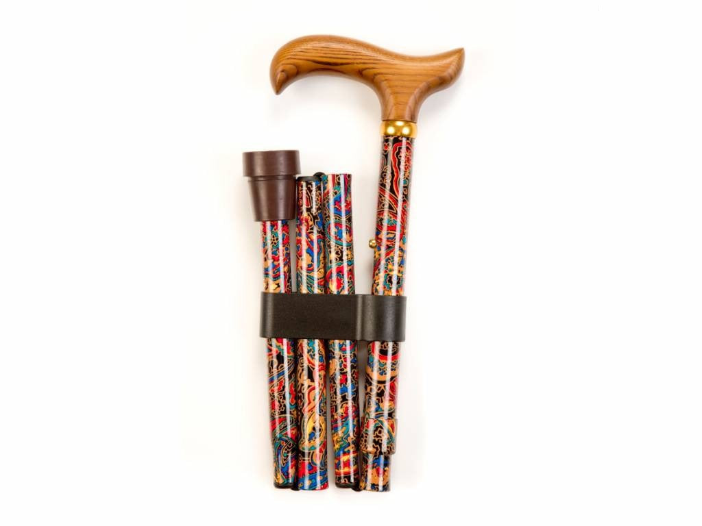 Folding Walking Stick - Red Paisley