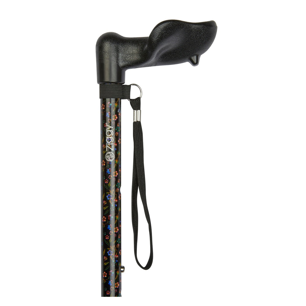Black Floral Pattern Adjustable Stick With Anatomical Handle