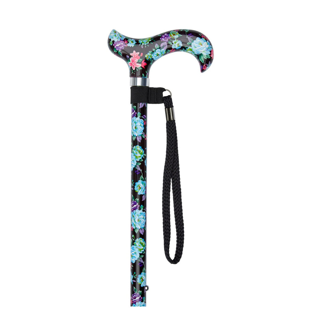 Black Floral Pattern Adjustable Stick With Patterned Handle