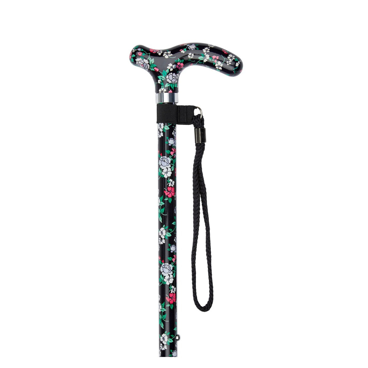 Black Floral Pattern Adjustable Stick With Petite Patterned Handle