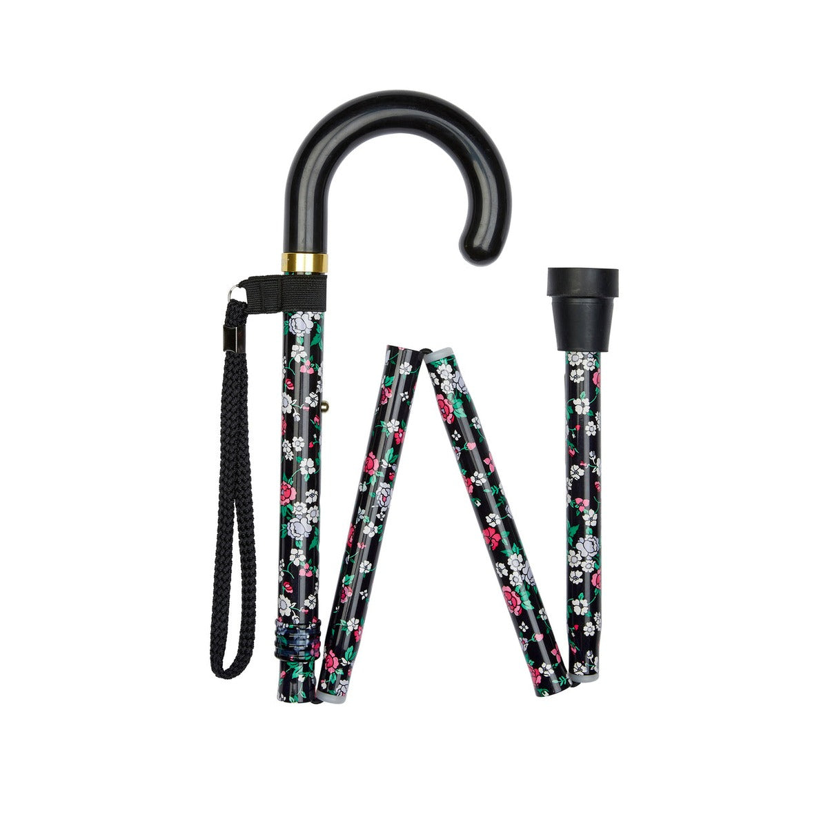 Black Floral Pattern Folding Stick With Crook Handle