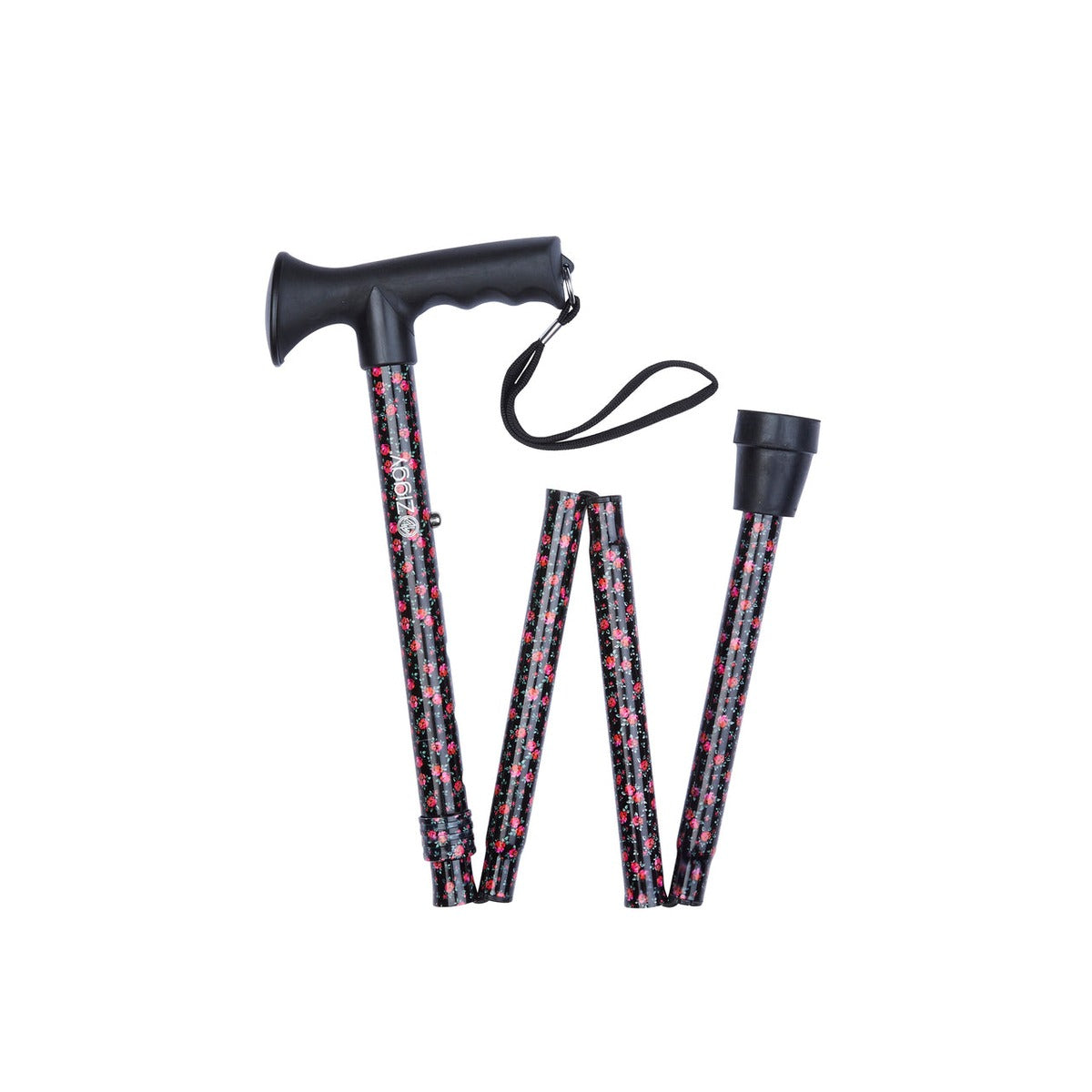 Black Floral Pattern Folding Stick With Gel Grip Handle