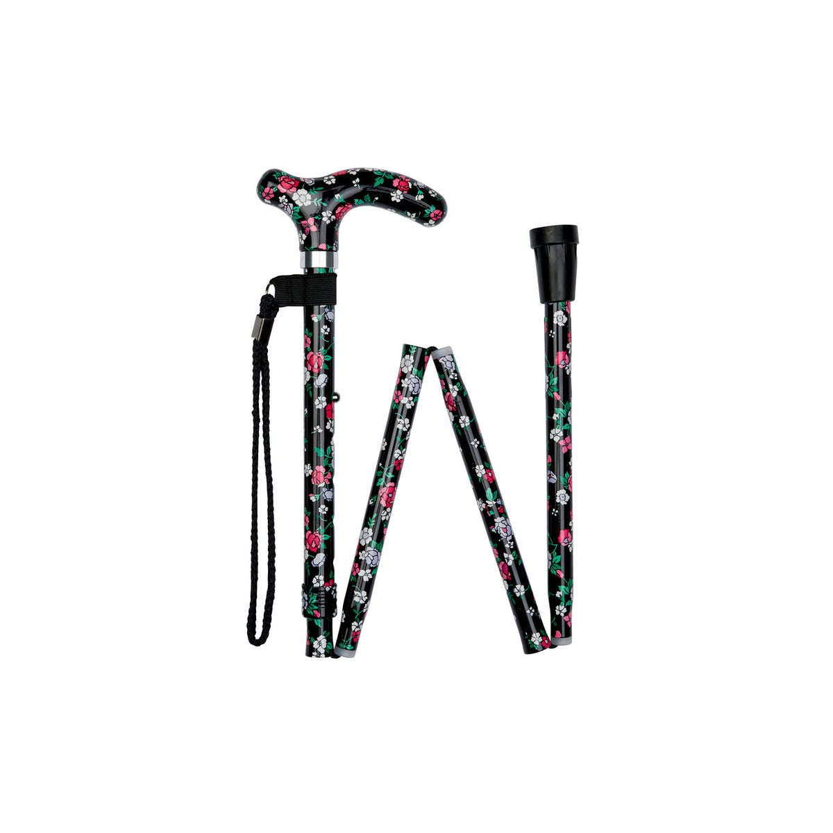 Black Floral Pattern Folding Stick With Petite Patterned Handle