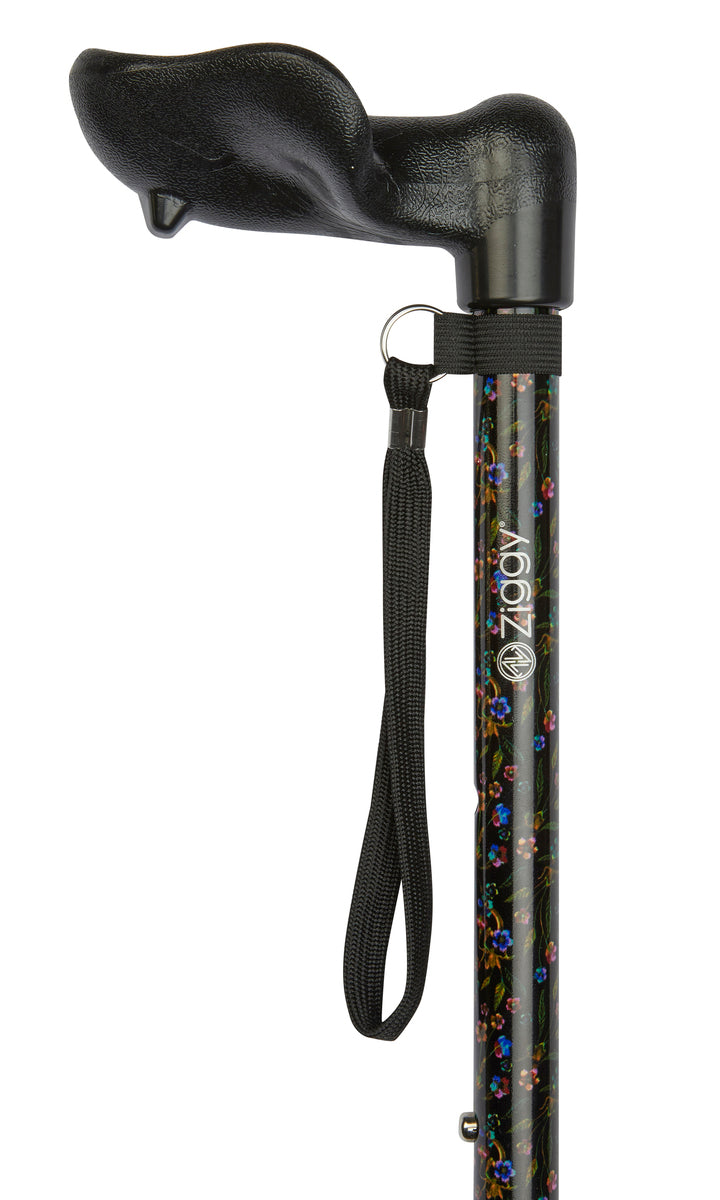Black Floral Pattern Adjustable Stick With Anatomical Handle