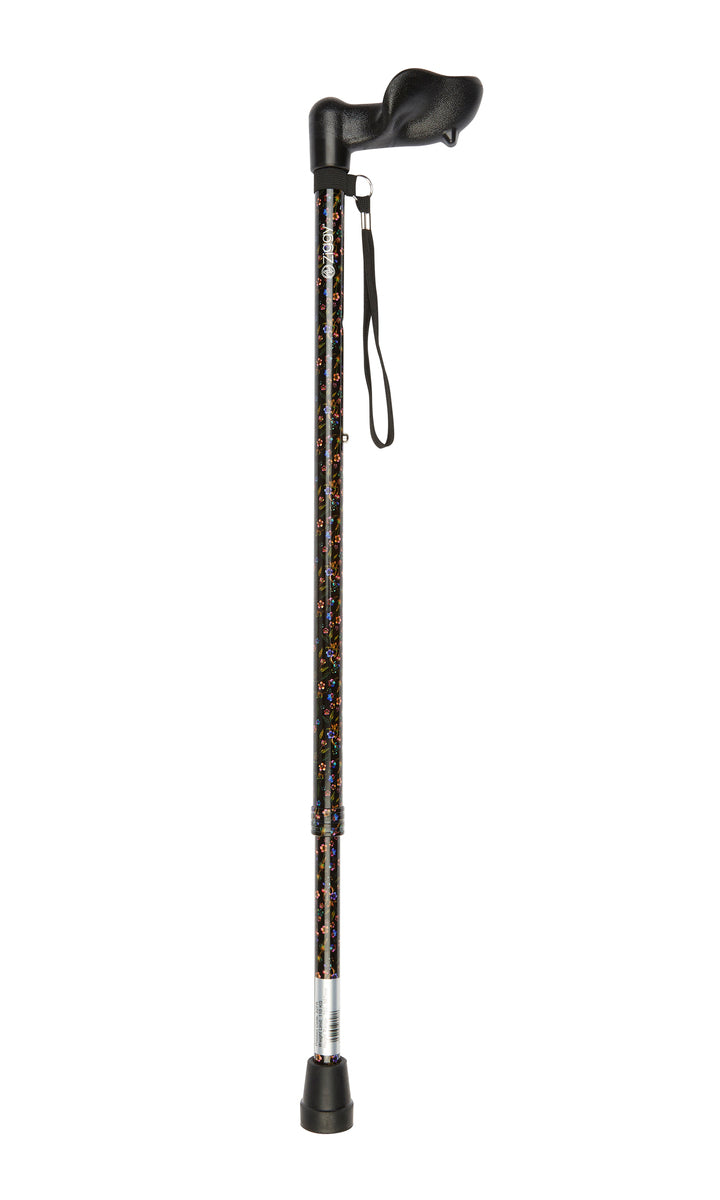 Black Floral Pattern Adjustable Stick With Anatomical Handle