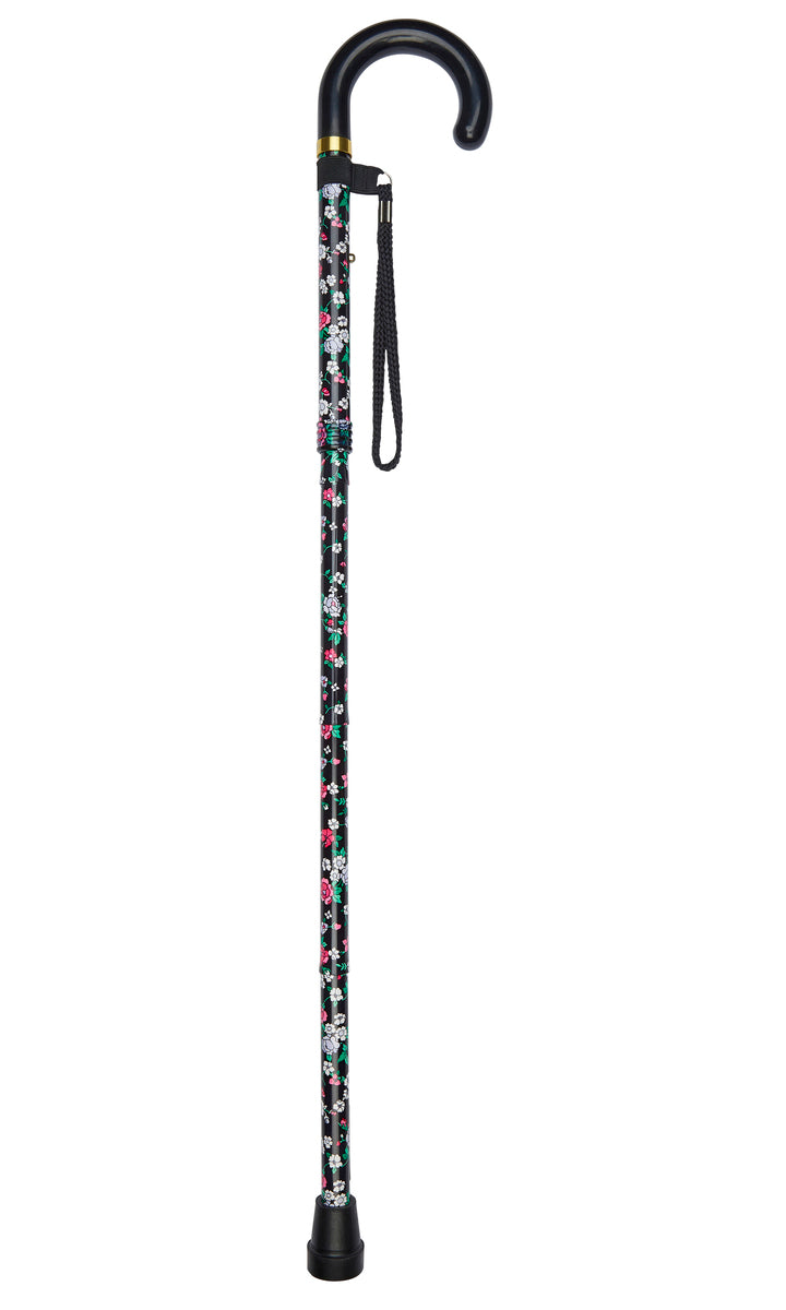 Black Floral Pattern Folding Stick With Crook Handle