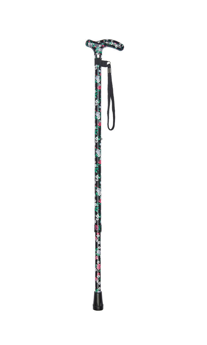 Black Floral Pattern Adjustable Stick With Petite Patterned Handle