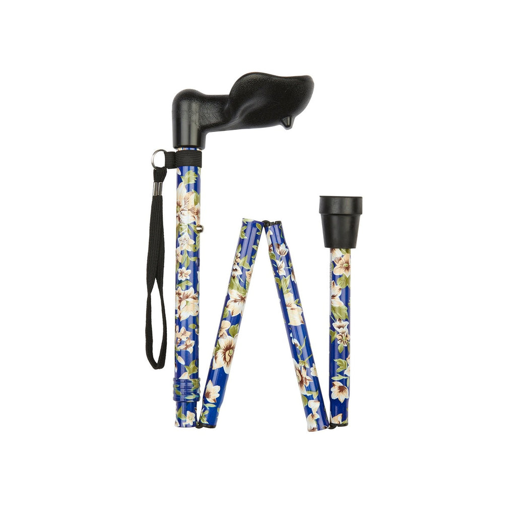 Blue Morris Pattern Folding Stick With Anatomical Handle (Left Hand)