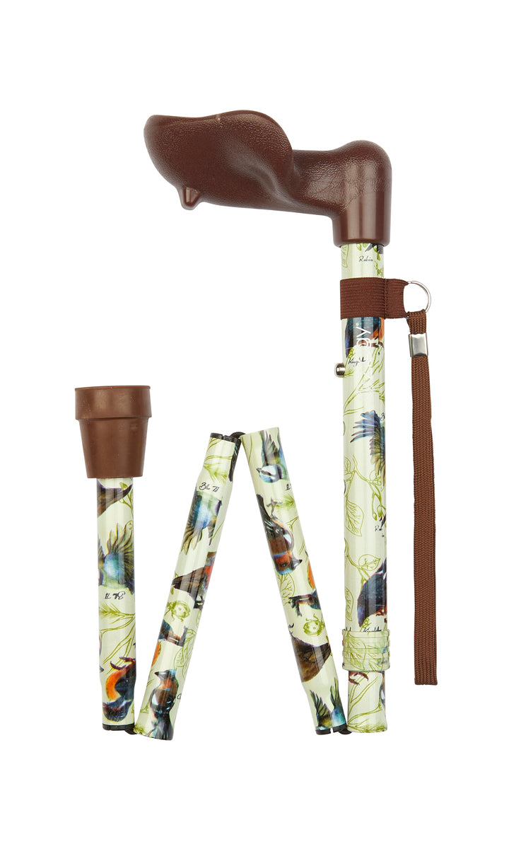 Garden Birds Pattern Short Folding Stick With Anatomical Handle