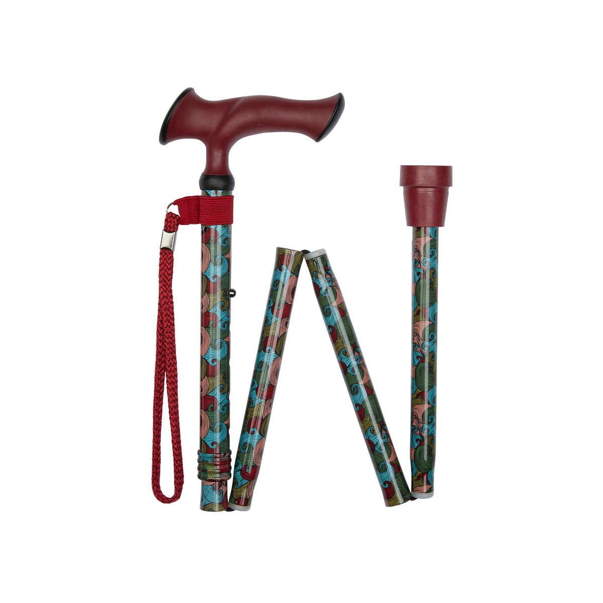 Red Waves Pattern Folding Stick With Ergonomic Handle