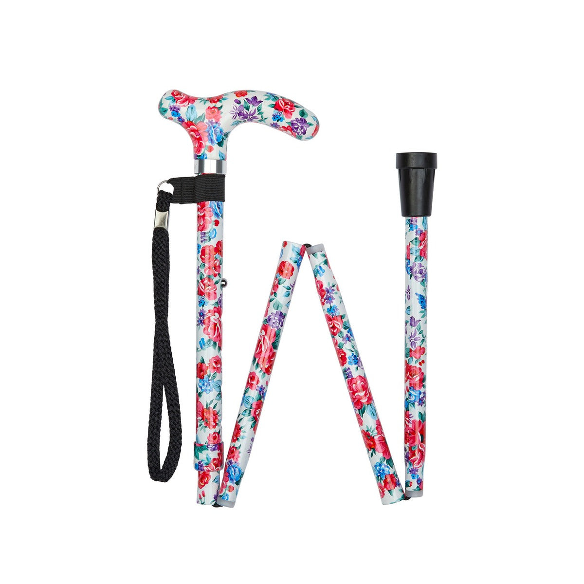 White Floral Pattern Folding Stick With Petite Patterned Handle