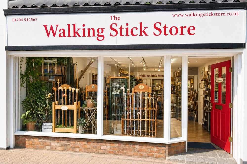 The front of The Walking Stick Store in Southport, with the red door open and walking sticks in the window